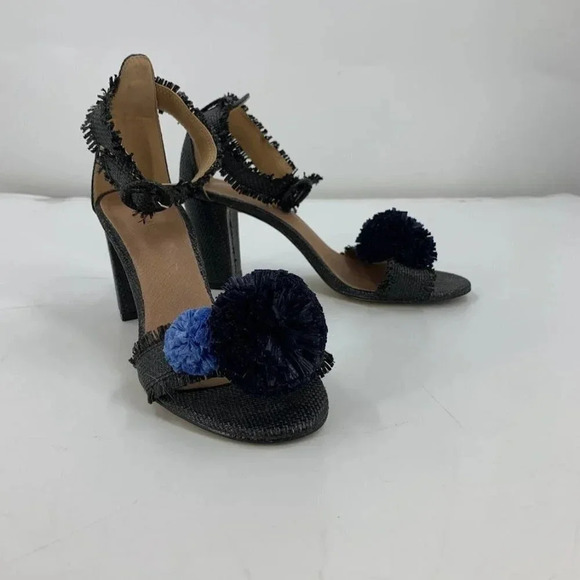 All Black Open-toe Raffia Fringe Pompom Block Heels Ankle Strap Sandals Size 7.5 - Picture 2 of 15